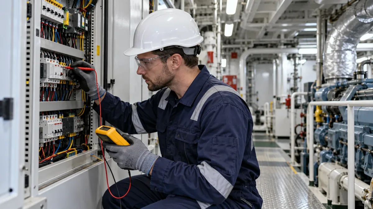 Technician performing electrical inspection aboard a vessel