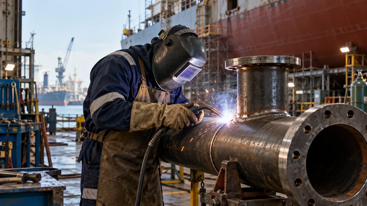 Marine steel pipe fabrication with a protected welder