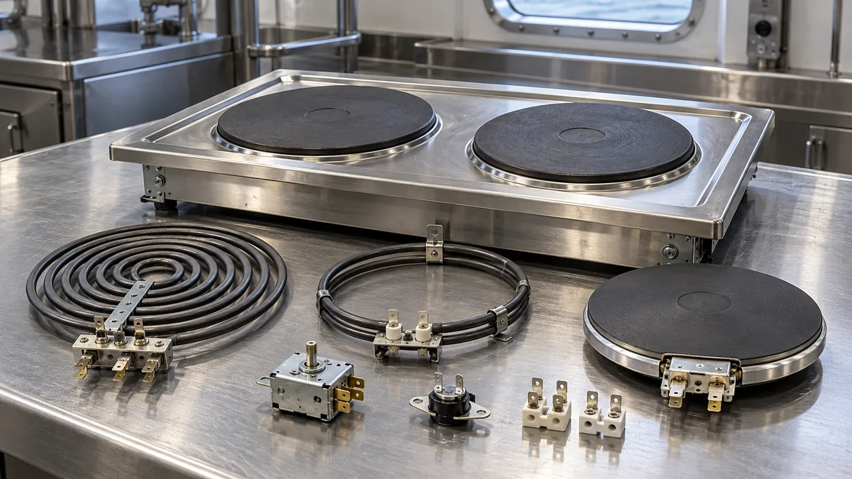 Marine galley hotplates with separate replacement heating elements and thermostats