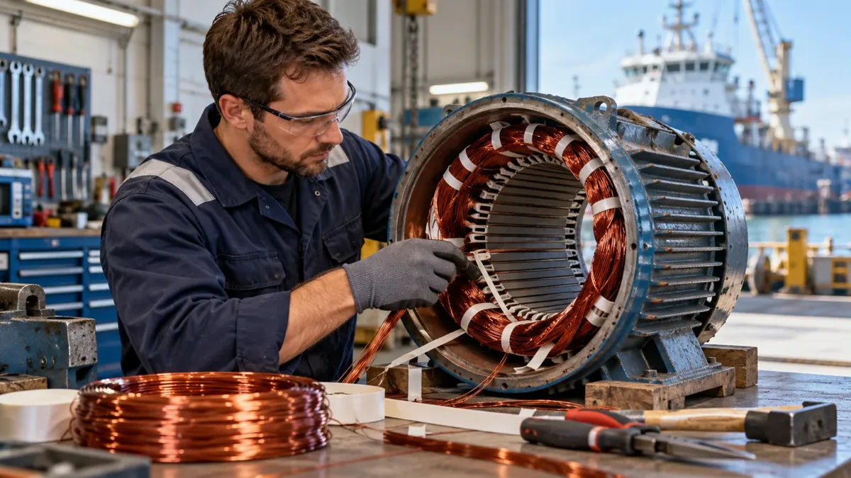 Electric motor stator rewinding in a marine workshop