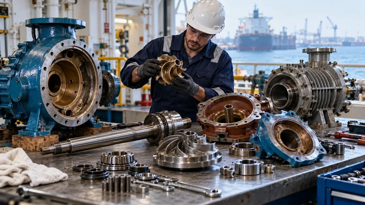 Marine machinery overhaul and disassembled pump components